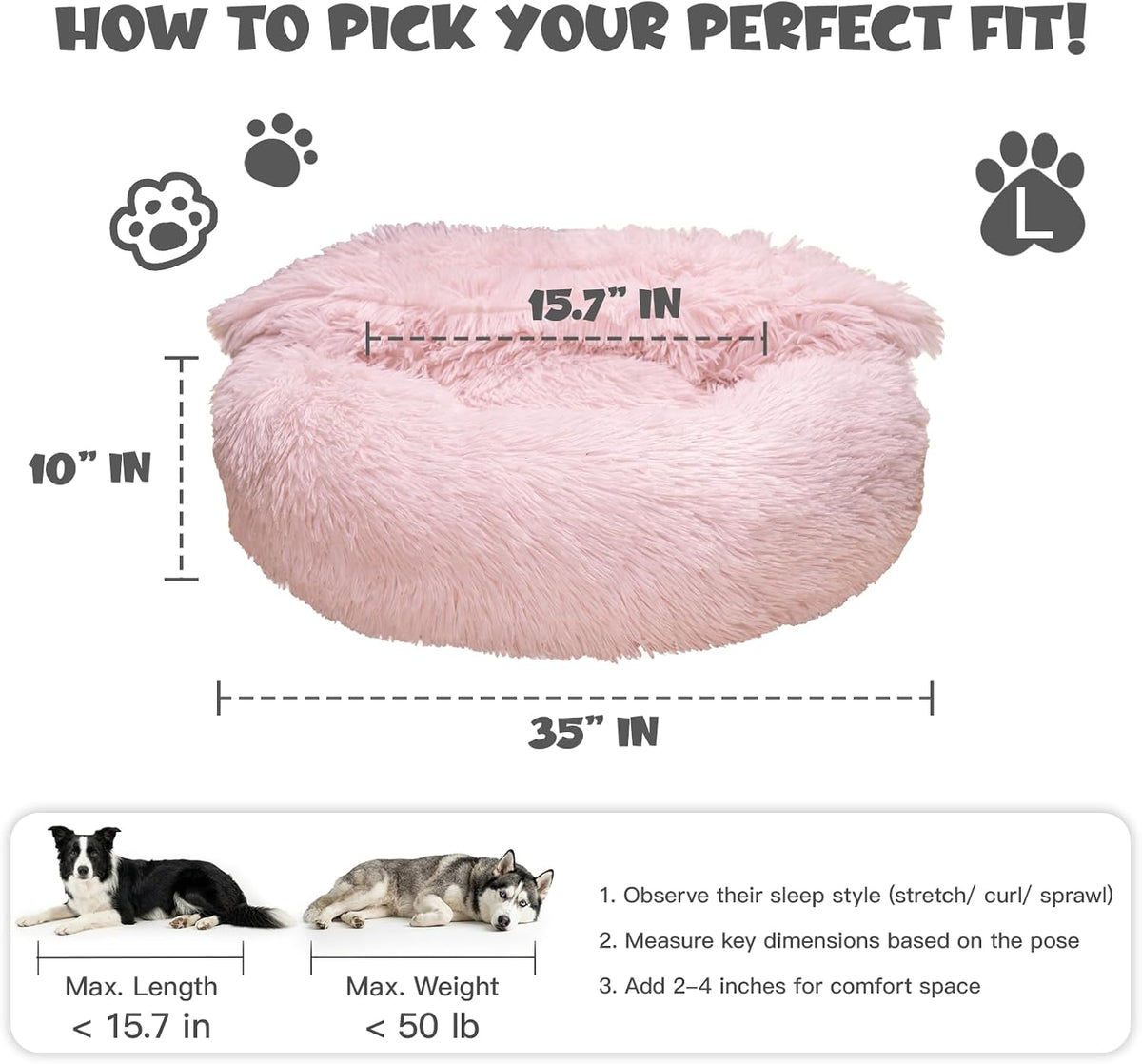 Himax 35in Covered Large Dog Bed with Blanket Attached Calming Burrow Pink