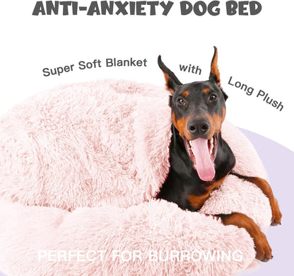 Himax 35in Covered Large Dog Bed with Blanket Attached Calming Burrow Pink