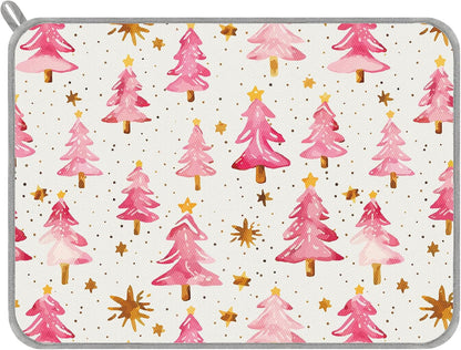 Christmas Dish Drying Mat Dots Pink Xmas Tree Absorbent Dish Drainer Protector Pad Winter Dry Mat for Kitchen Countertop Tableware Decor, 18 x 24 Inch