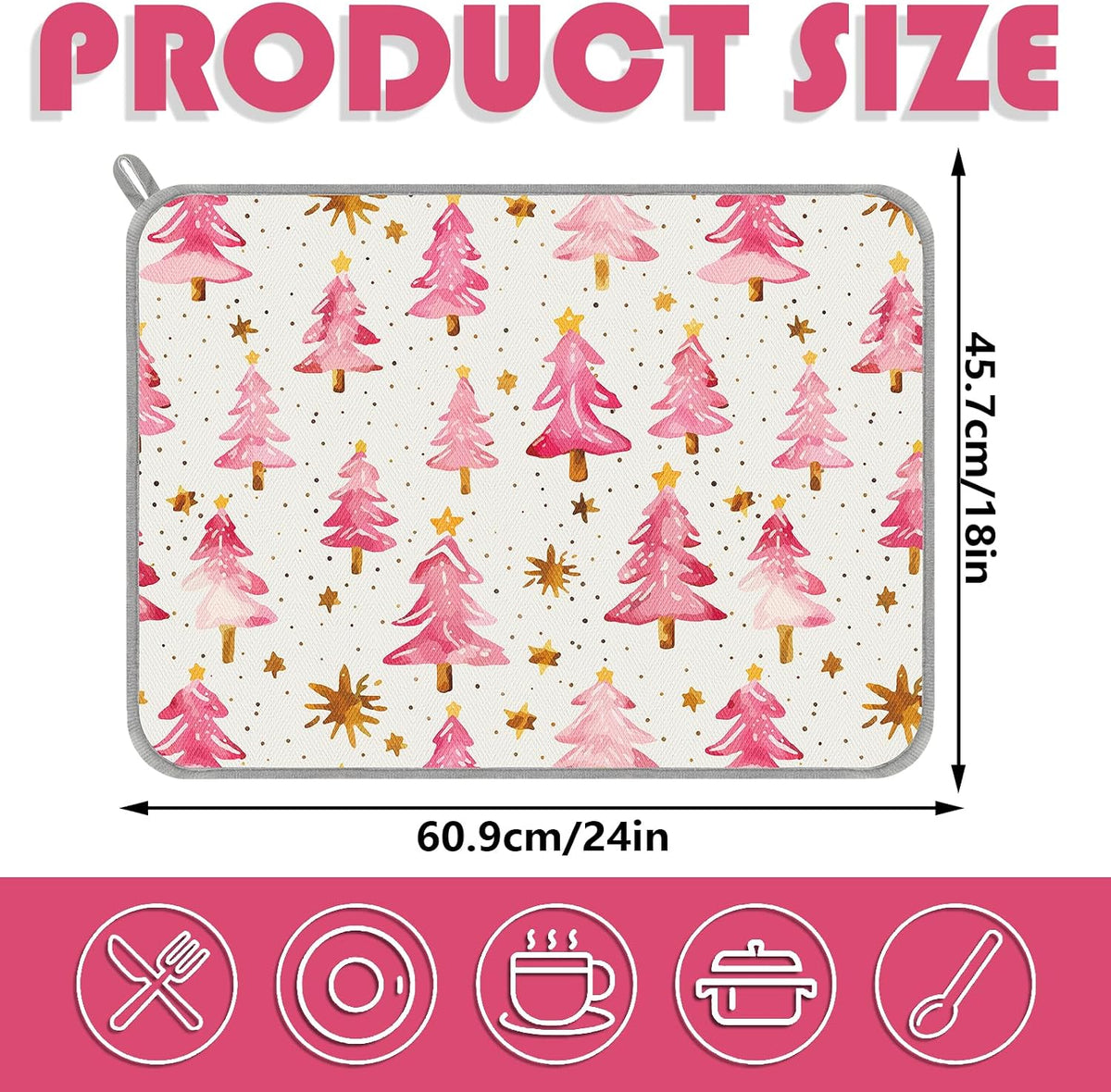 Christmas Dish Drying Mat Dots Pink Xmas Tree Absorbent Dish Drainer Protector Pad Winter Dry Mat for Kitchen Countertop Tableware Decor, 18 x 24 Inch