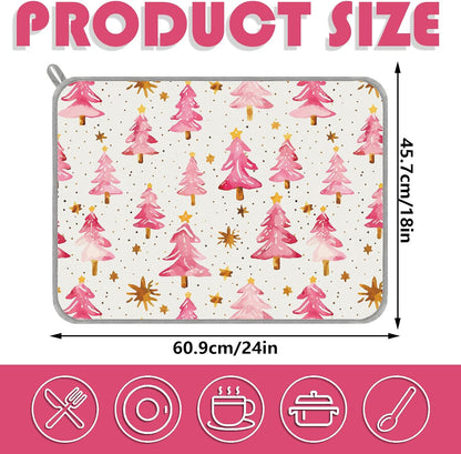Christmas Dish Drying Mat Dots Pink Xmas Tree Absorbent Dish Drainer Protector Pad Winter Dry Mat for Kitchen Countertop Tableware Decor, 18 x 24 Inch