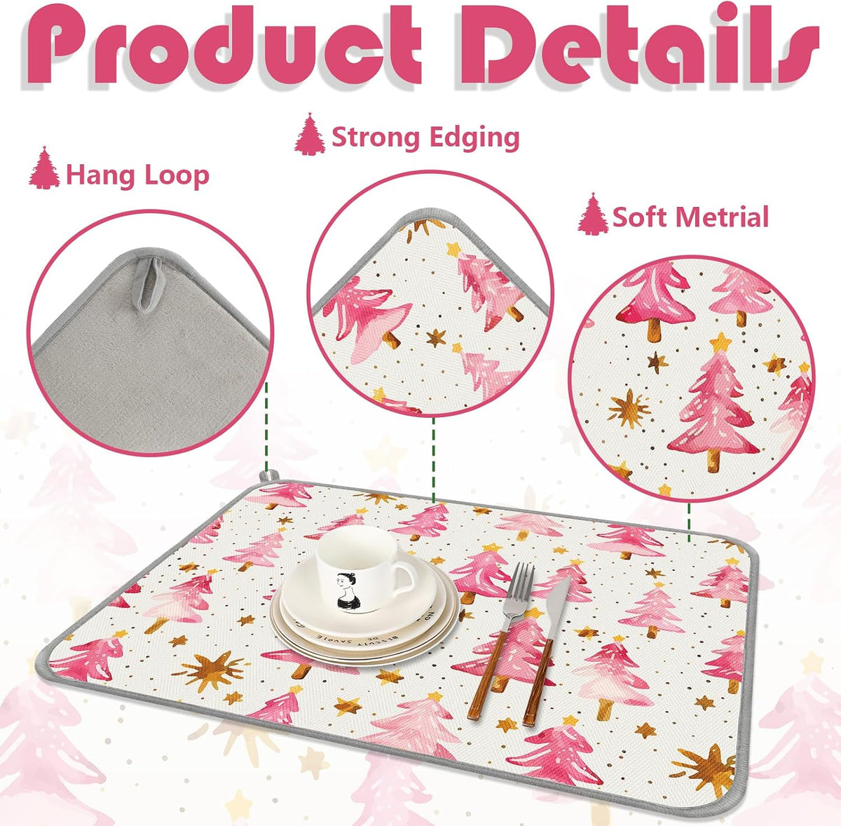 Christmas Dish Drying Mat Dots Pink Xmas Tree Absorbent Dish Drainer Protector Pad Winter Dry Mat for Kitchen Countertop Tableware Decor, 18 x 24 Inch