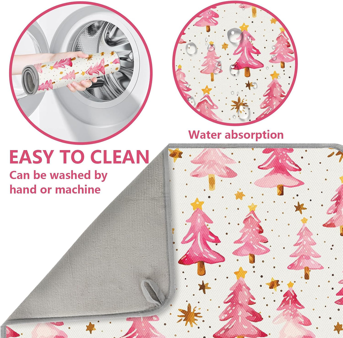 Christmas Dish Drying Mat Dots Pink Xmas Tree Absorbent Dish Drainer Protector Pad Winter Dry Mat for Kitchen Countertop Tableware Decor, 18 x 24 Inch