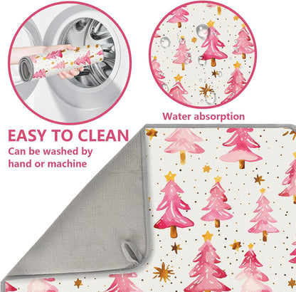 Christmas Dish Drying Mat Dots Pink Xmas Tree Absorbent Dish Drainer Protector Pad Winter Dry Mat for Kitchen Countertop Tableware Decor, 18 x 24 Inch