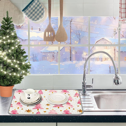 Christmas Dish Drying Mat Dots Pink Xmas Tree Absorbent Dish Drainer Protector Pad Winter Dry Mat for Kitchen Countertop Tableware Decor, 18 x 24 Inch