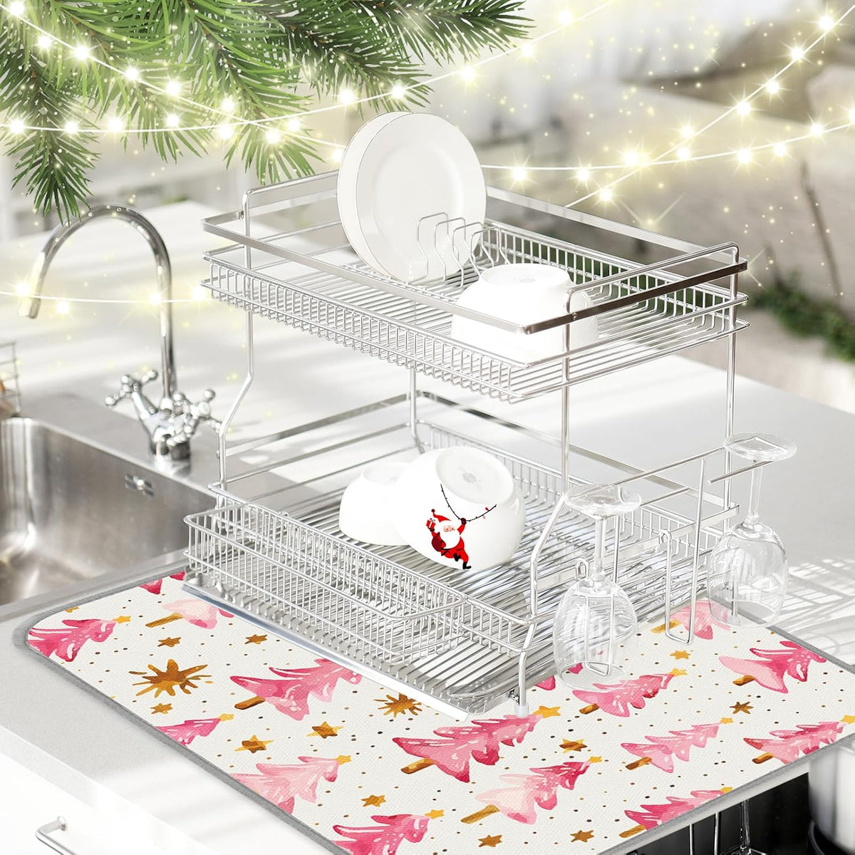 Christmas Dish Drying Mat Dots Pink Xmas Tree Absorbent Dish Drainer Protector Pad Winter Dry Mat for Kitchen Countertop Tableware Decor, 18 x 24 Inch