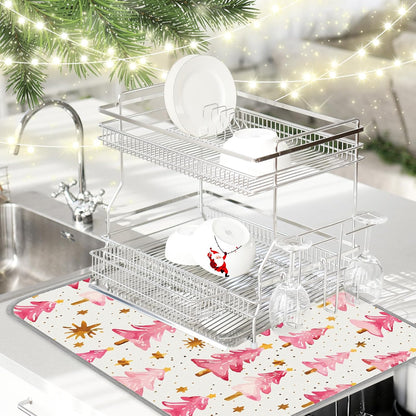 Christmas Dish Drying Mat Dots Pink Xmas Tree Absorbent Dish Drainer Protector Pad Winter Dry Mat for Kitchen Countertop Tableware Decor, 18 x 24 Inch