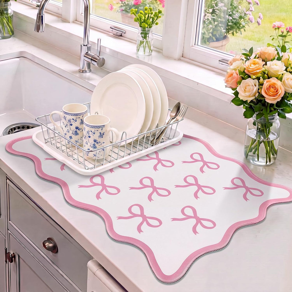 Pink Bow Scalloped Coffee Mat Pink Coffee Bar Kitchen Accessories