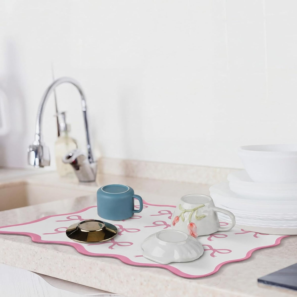 Pink Bow Scalloped Coffee Mat Pink Coffee Bar Kitchen Accessories