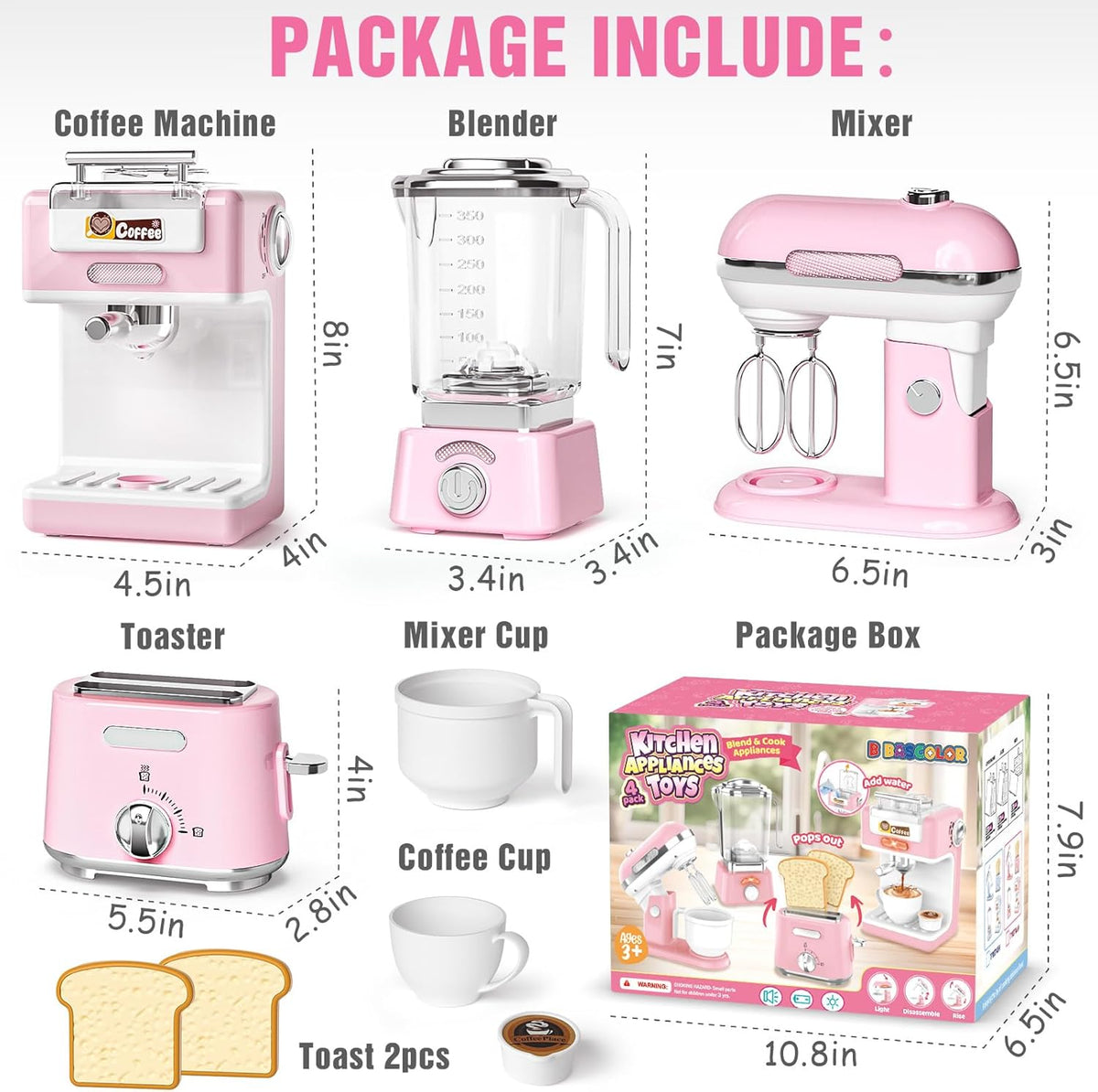 Kids Kitchen Toys Set, BPA-Free 7 Piece Pretend Play Appliances with Light Sound, Coffee Maker Blender Stand Mixer Toaster for Toddlers Ages 3 Plus, Educational Role Play Gift (Pink)