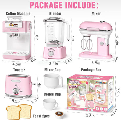 Kids Kitchen Toys Set, BPA-Free 7 Piece Pretend Play Appliances with Light Sound, Coffee Maker Blender Stand Mixer Toaster for Toddlers Ages 3 Plus, Educational Role Play Gift (Pink)