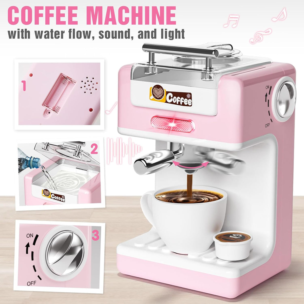 Kids Kitchen Toys Set, BPA-Free 7 Piece Pretend Play Appliances with Light Sound, Coffee Maker Blender Stand Mixer Toaster for Toddlers Ages 3 Plus, Educational Role Play Gift (Pink)
