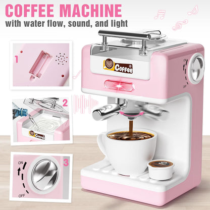 Kids Kitchen Toys Set, BPA-Free 7 Piece Pretend Play Appliances with Light Sound, Coffee Maker Blender Stand Mixer Toaster for Toddlers Ages 3 Plus, Educational Role Play Gift (Pink)