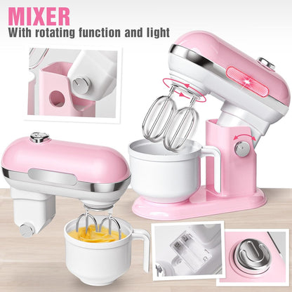 Kids Kitchen Toys Set, BPA-Free 7 Piece Pretend Play Appliances with Light Sound, Coffee Maker Blender Stand Mixer Toaster for Toddlers Ages 3 Plus, Educational Role Play Gift (Pink)