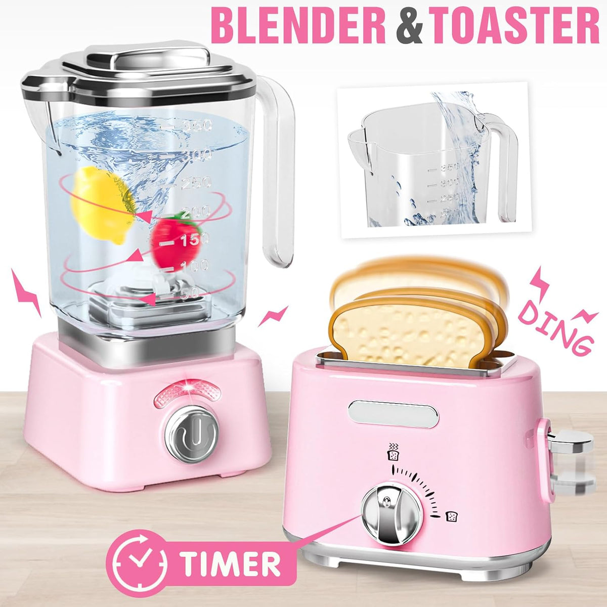 Kids Kitchen Toys Set, BPA-Free 7 Piece Pretend Play Appliances with Light Sound, Coffee Maker Blender Stand Mixer Toaster for Toddlers Ages 3 Plus, Educational Role Play Gift (Pink)
