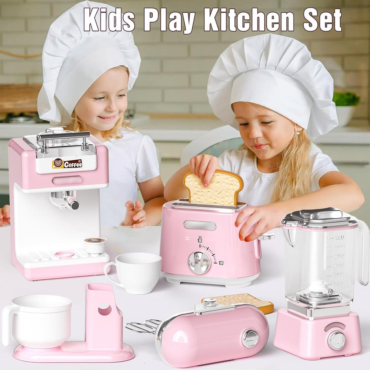 Kids Kitchen Toys Set, BPA-Free 7 Piece Pretend Play Appliances with Light Sound, Coffee Maker Blender Stand Mixer Toaster for Toddlers Ages 3 Plus, Educational Role Play Gift (Pink)