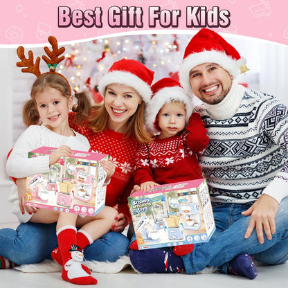 Kids Kitchen Toys Set, BPA-Free 7 Piece Pretend Play Appliances with Light Sound, Coffee Maker Blender Stand Mixer Toaster for Toddlers Ages 3 Plus, Educational Role Play Gift (Pink)