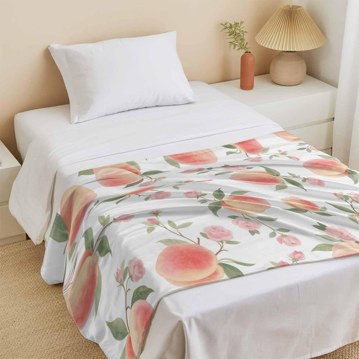 Cooling Blanket for Hot Sleepers, Peach Lightweight Breathable Summer Blanket, Spring Floral Green Leaf Botanical Pink Fruit Double-Side Cool Throw Blankets for Sleeping Travel, 50"x60"