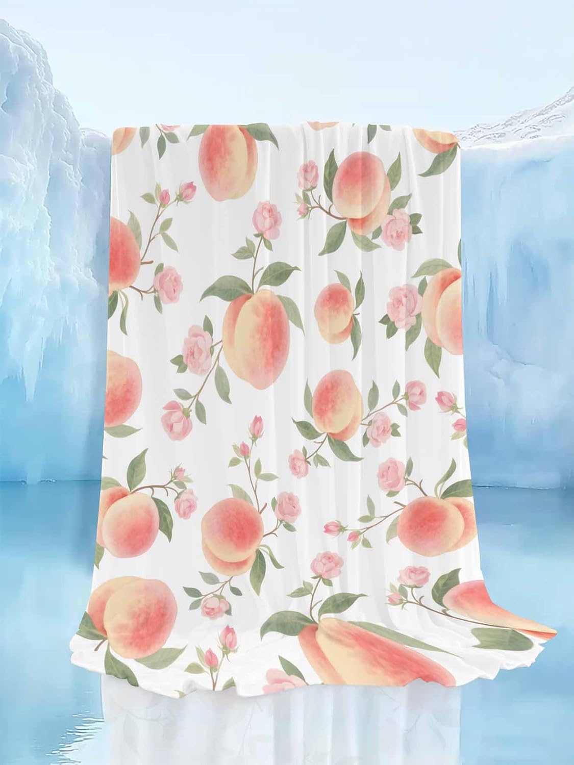 Cooling Blanket for Hot Sleepers, Peach Lightweight Breathable Summer Blanket, Spring Floral Green Leaf Botanical Pink Fruit Double-Side Cool Throw Blankets for Sleeping Travel, 50"x60"