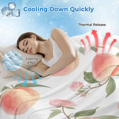 Cooling Blanket for Hot Sleepers, Peach Lightweight Breathable Summer Blanket, Spring Floral Green Leaf Botanical Pink Fruit Double-Side Cool Throw Blankets for Sleeping Travel, 50"x60"