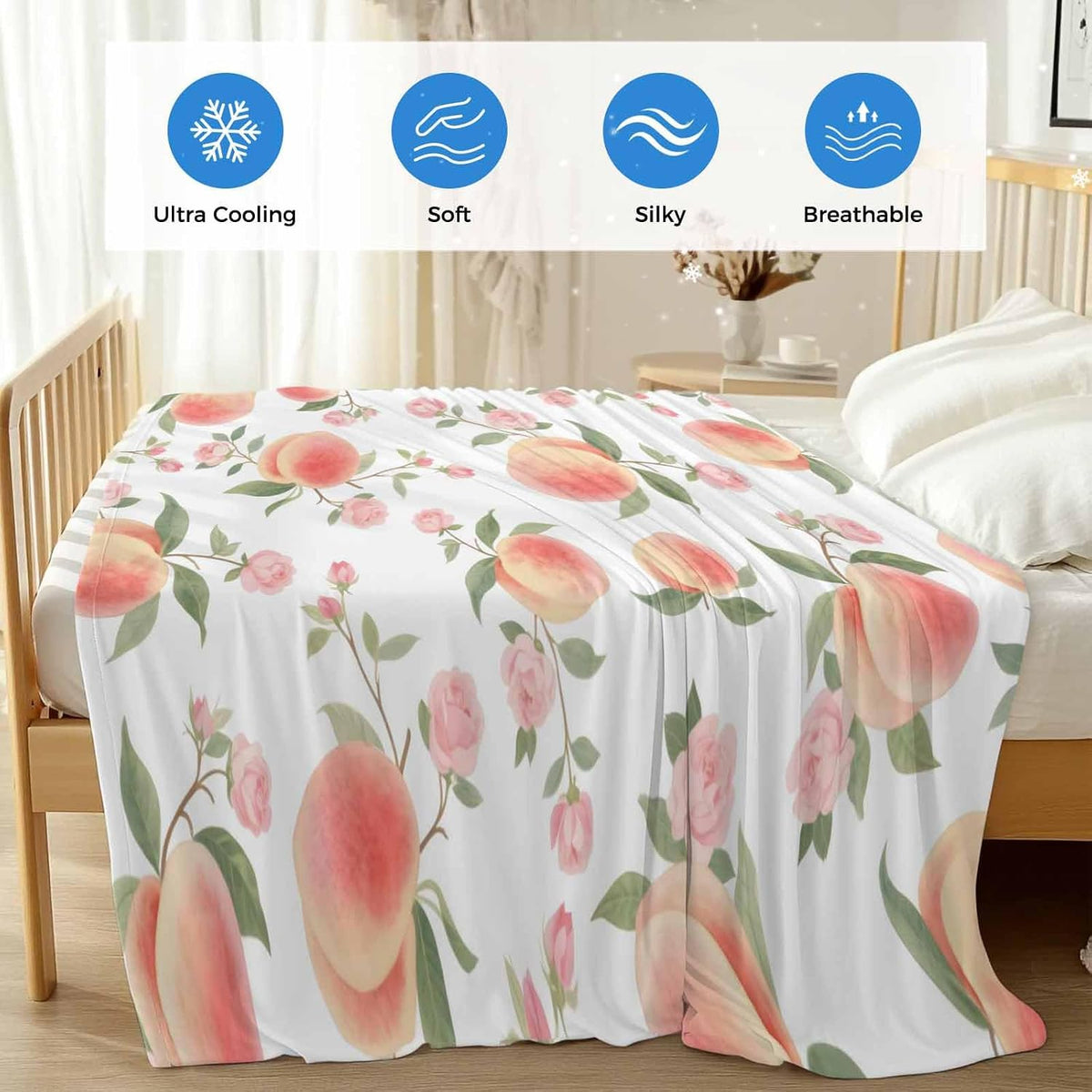 Cooling Blanket for Hot Sleepers, Peach Lightweight Breathable Summer Blanket, Spring Floral Green Leaf Botanical Pink Fruit Double-Side Cool Throw Blankets for Sleeping Travel, 50"x60"