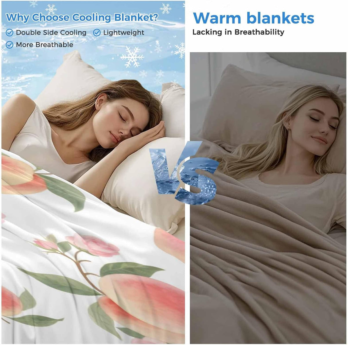 Cooling Blanket for Hot Sleepers, Peach Lightweight Breathable Summer Blanket, Spring Floral Green Leaf Botanical Pink Fruit Double-Side Cool Throw Blankets for Sleeping Travel, 50"x60"