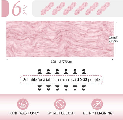 6 Pack Light Pink Cheesecloth Table Runner 17x108 Inch Semi Sheer Boho Gauze Cheese Cloth Fabric Table Runners Table Decor for Wedding Party Baby Shower Birthday Home Decor Garden Farmhouse