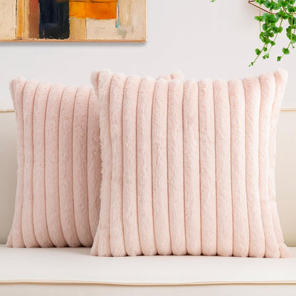 Pack of 2 Faux Fur Christmas Throw Pillow Covers 16x16 Inch, Light Pink