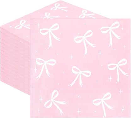 100pcs Pink Bow Party Napkins, Pink Bow Party Decorations Napkin, 13x13 inch Disposable Paper Napkin for Girls Birthday Bridal Engagement Baby Shower