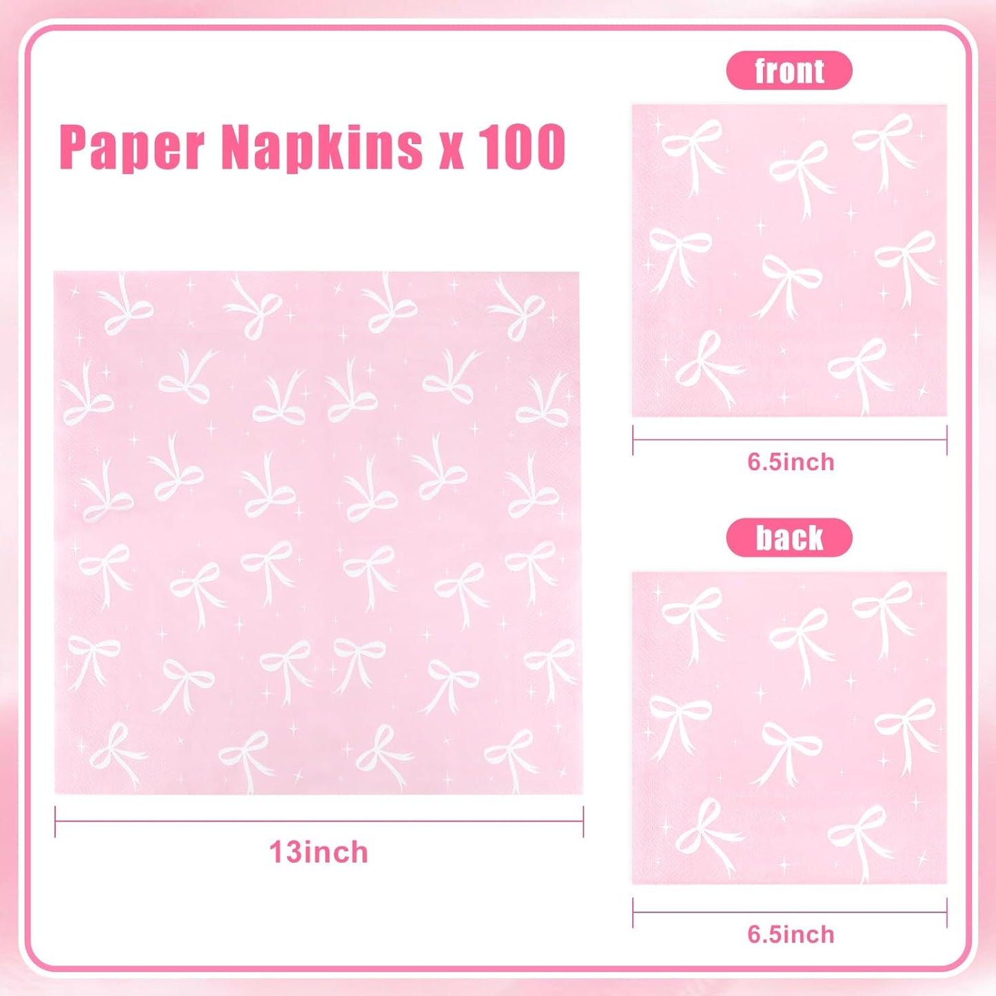 100pcs Pink Bow Party Napkins, Pink Bow Party Decorations Napkin, 13x13 inch Disposable Paper Napkin for Girls Birthday Bridal Engagement Baby Shower