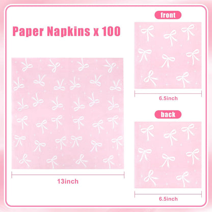 100pcs Pink Bow Party Napkins, Pink Bow Party Decorations Napkin, 13x13 inch Disposable Paper Napkin for Girls Birthday Bridal Engagement Baby Shower
