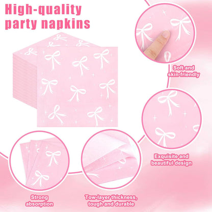 100pcs Pink Bow Party Napkins, Pink Bow Party Decorations Napkin, 13x13 inch Disposable Paper Napkin for Girls Birthday Bridal Engagement Baby Shower