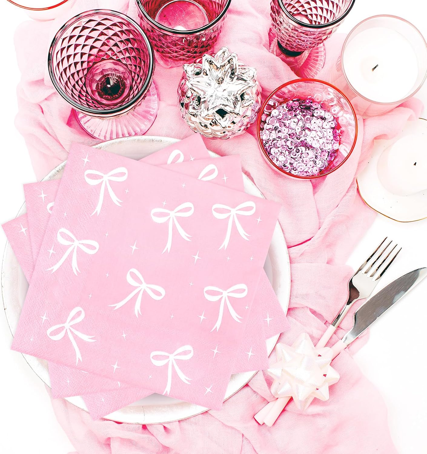 100pcs Pink Bow Party Napkins, Pink Bow Party Decorations Napkin, 13x13 inch Disposable Paper Napkin for Girls Birthday Bridal Engagement Baby Shower