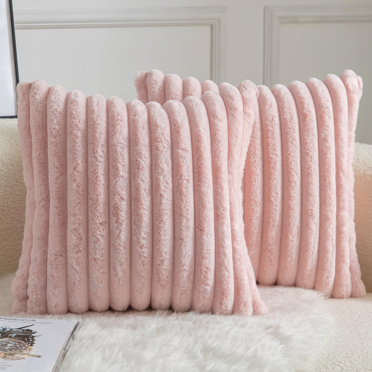 Pack of 2 Decorative Throw Pillow Covers Faux Fur Striped Plush Soft Cushion Covers Pillow Cases Bedroom Living Room Sofa Home 18x18 Inch Pink