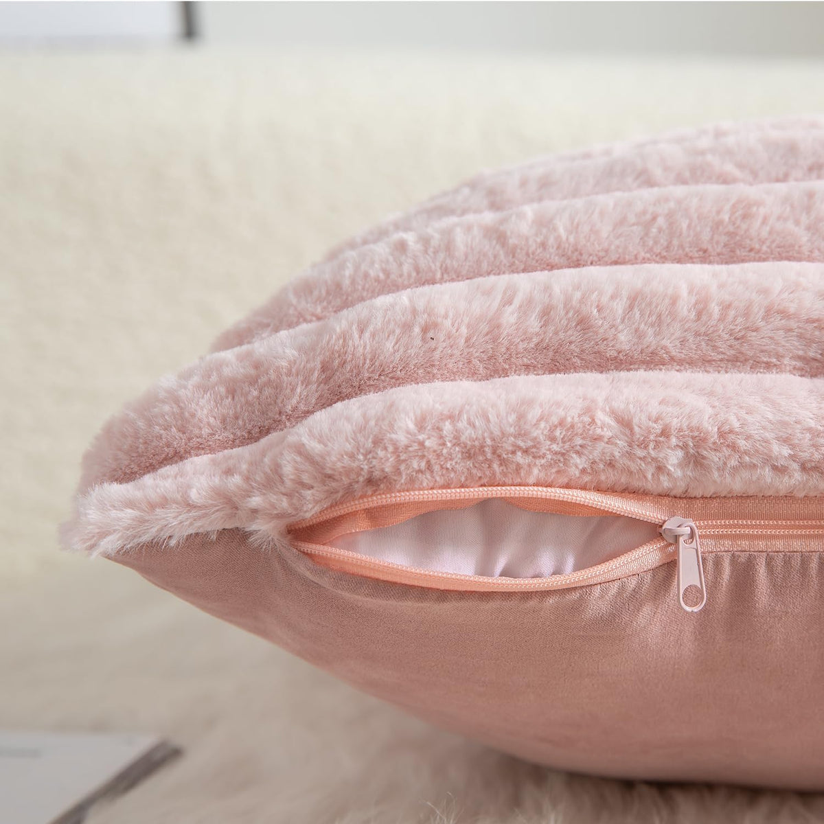 Pack of 2 Decorative Throw Pillow Covers Faux Fur Striped Plush Soft Cushion Covers Pillow Cases Bedroom Living Room Sofa Home 18x18 Inch Pink