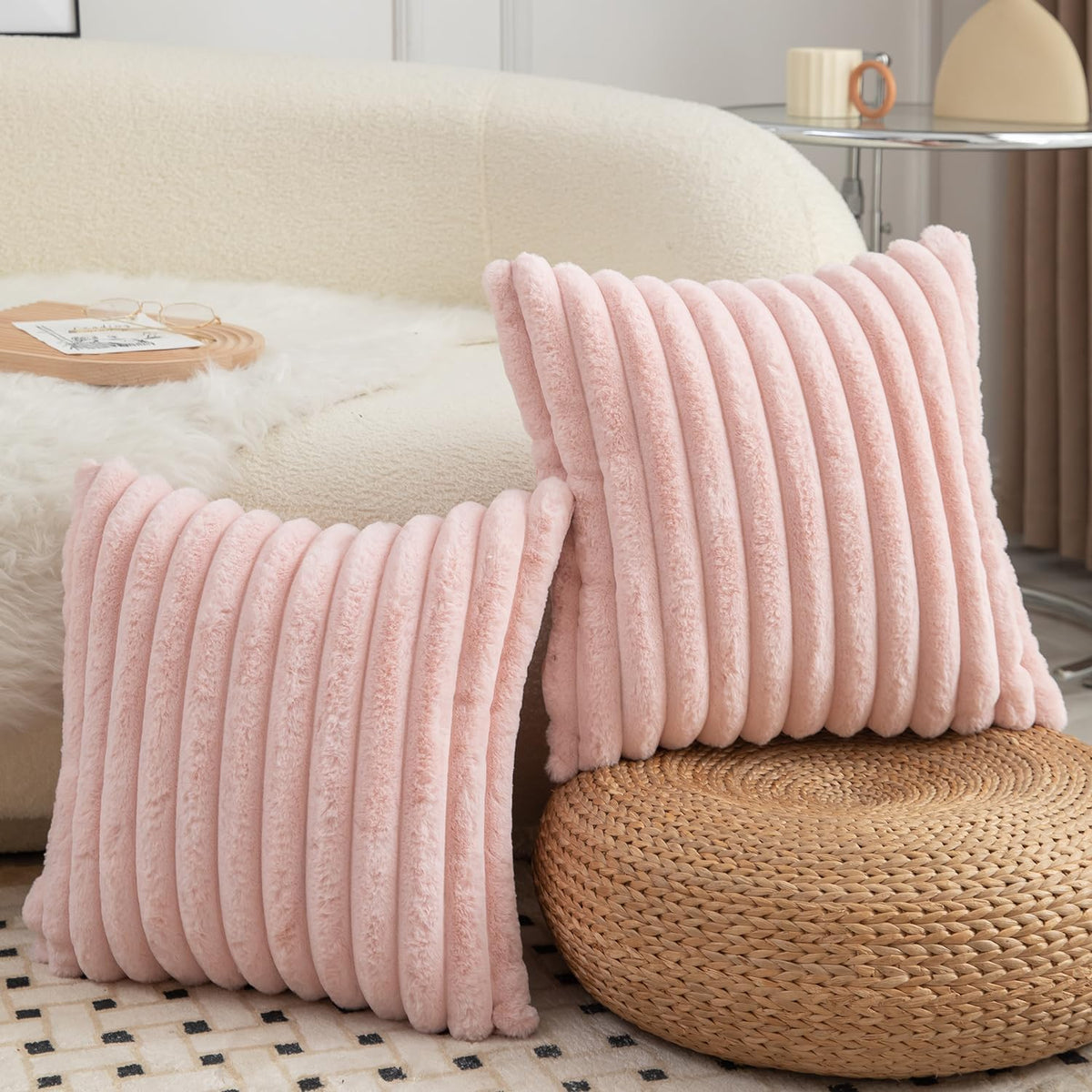 Pack of 2 Decorative Throw Pillow Covers Faux Fur Striped Plush Soft Cushion Covers Pillow Cases Bedroom Living Room Sofa Home 18x18 Inch Pink