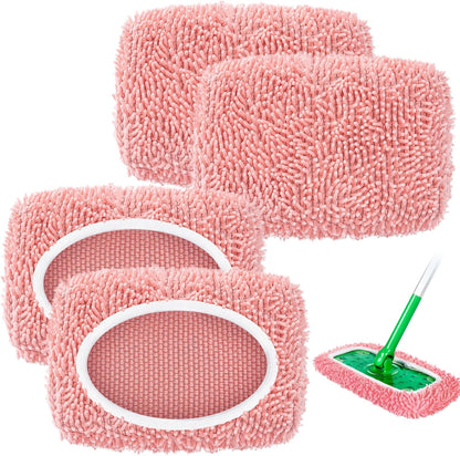 4 Pack Pink Reusable Chenille Mop Pads Fit for Swiffer Sweeper