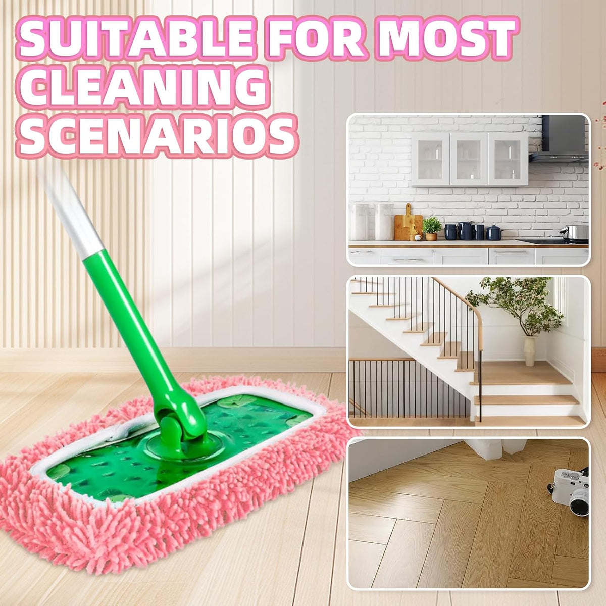 4 Pack Pink Reusable Chenille Mop Pads Fit for Swiffer Sweeper