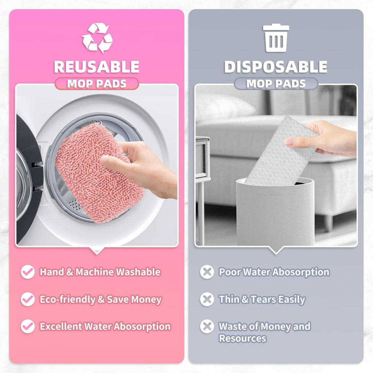 4 Pack Pink Reusable Chenille Mop Pads Fit for Swiffer Sweeper
