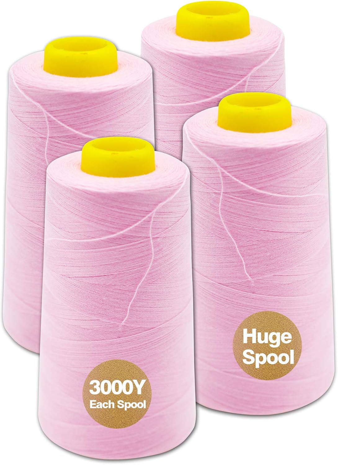 Pink Serger Thread, All-Purpose Thread for Sewing, Polyester, 4 Cones of 3000 Yards Each Spool for Sewing Machine