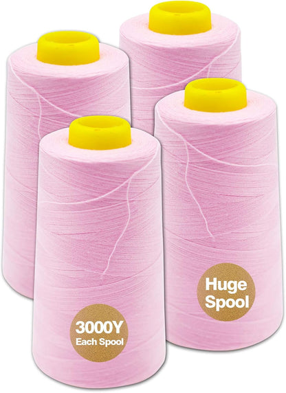 Pink Serger Thread, All-Purpose Thread for Sewing, Polyester, 4 Cones of 3000 Yards Each Spool for Sewing Machine