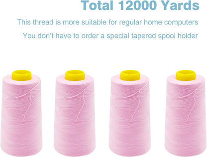 Pink Serger Thread, All-Purpose Thread for Sewing, Polyester, 4 Cones of 3000 Yards Each Spool for Sewing Machine