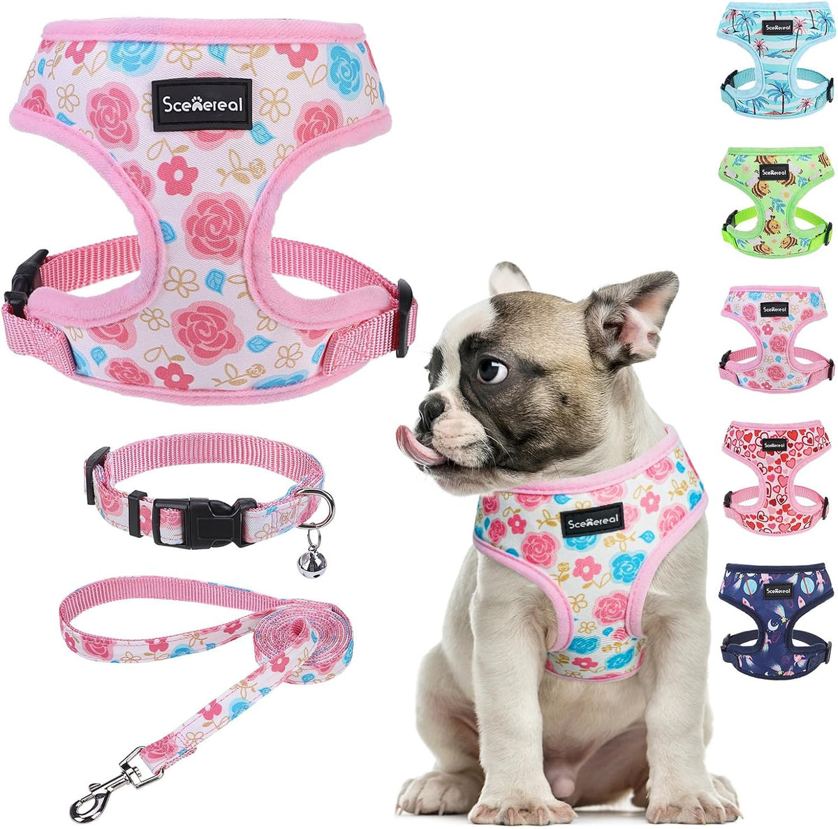 Small Dog Harness and Leash Set, Flowers Pink, M