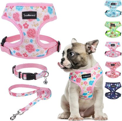 Small Dog Harness and Leash Set, Flowers Pink, M