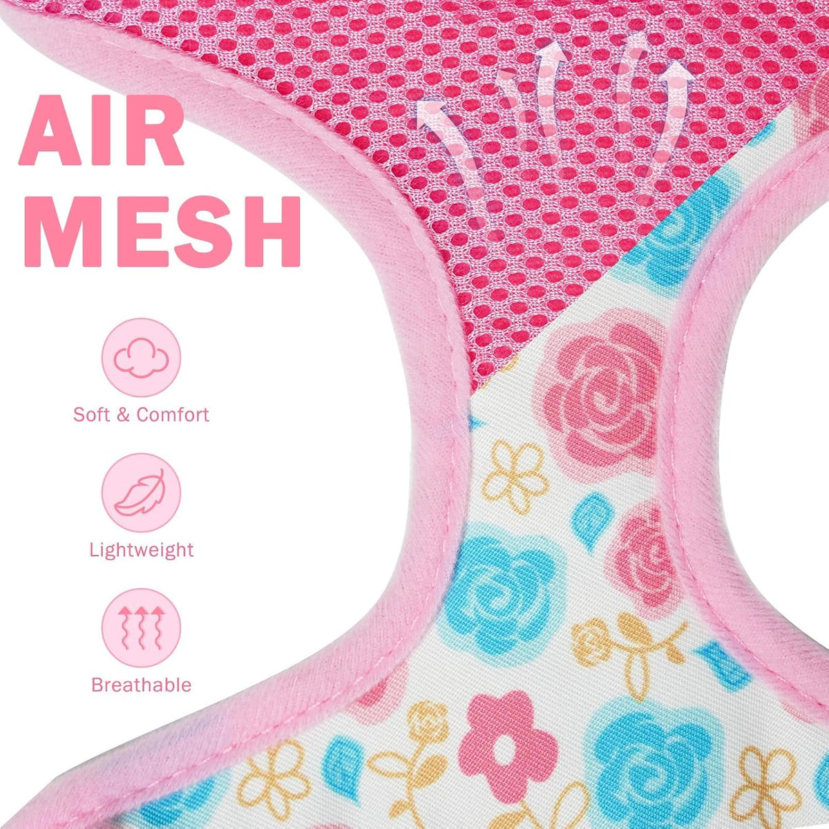 Small Dog Harness and Leash Set, Flowers Pink, M
