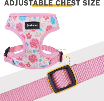 Small Dog Harness and Leash Set, Flowers Pink, M