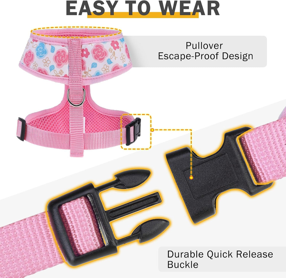 Small Dog Harness and Leash Set, Flowers Pink, M
