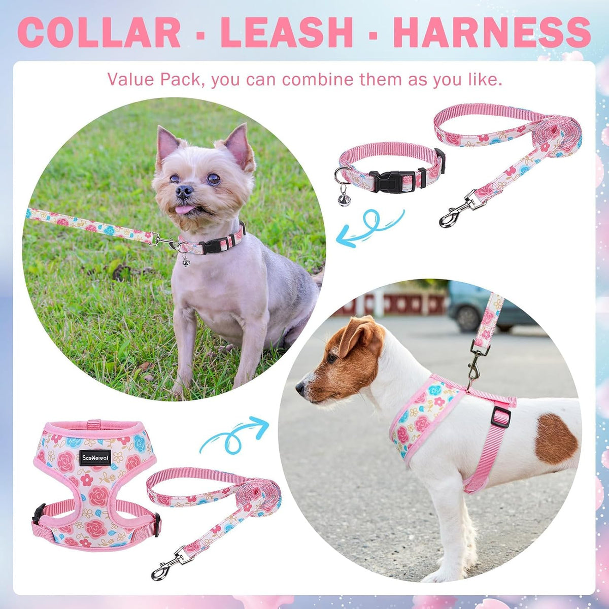 Small Dog Harness and Leash Set, Flowers Pink, M