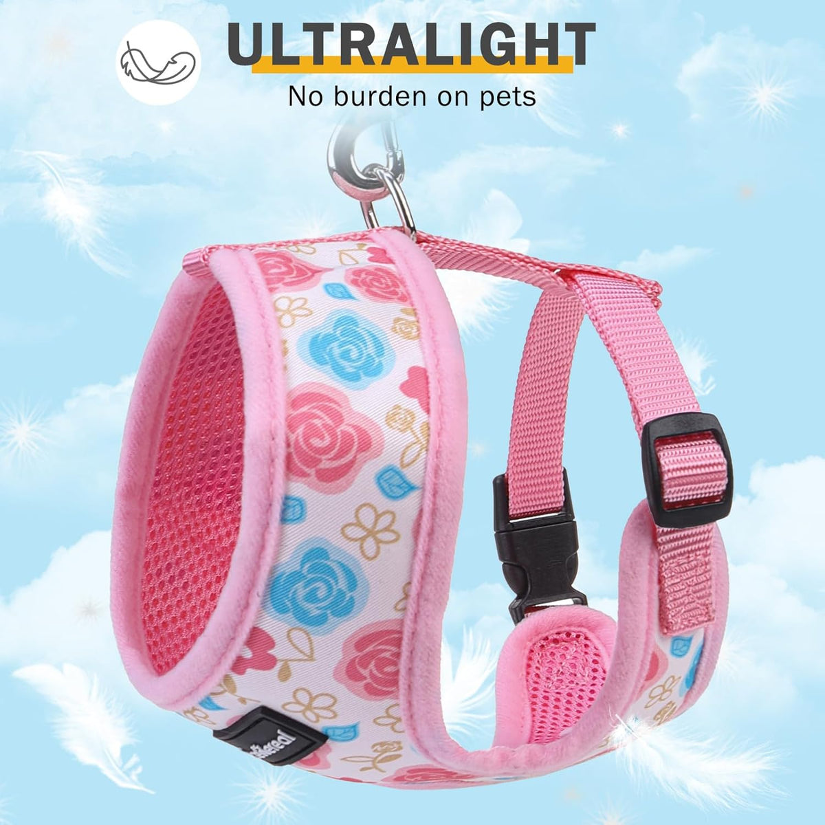 Small Dog Harness and Leash Set, Flowers Pink, M