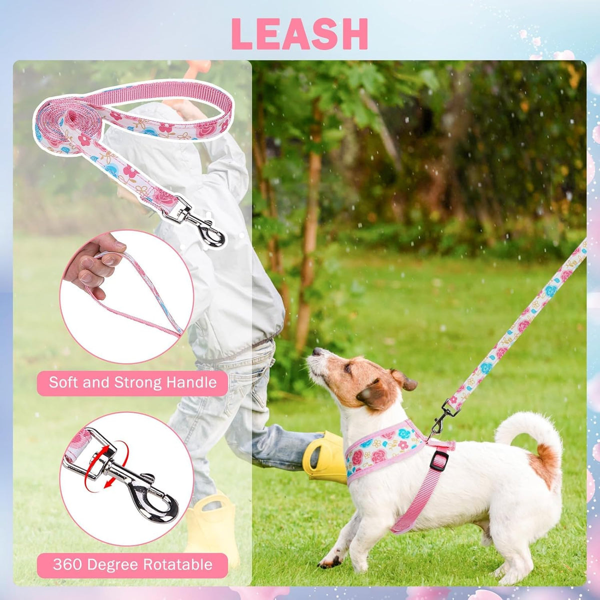 Small Dog Harness and Leash Set, Flowers Pink, M